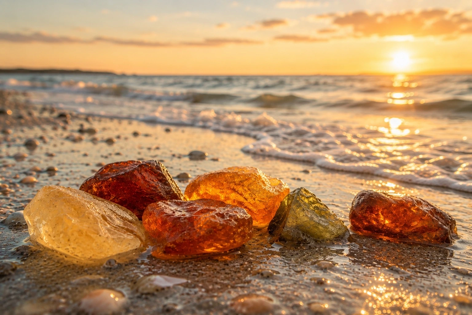 Echter Bernstein in verschiedenen Farben am Ostseestrand; echten Bernstein erkennen: Tests & Tipps für zu Hause