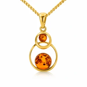 Bernstein Anhänger Gold 375 „Goldkreis“ Cognac mit zwei Bernsteinen; Anhänger Gold 9 Karat mit zwei Kreisen; Schmuck mit echtem Ostseebernstein