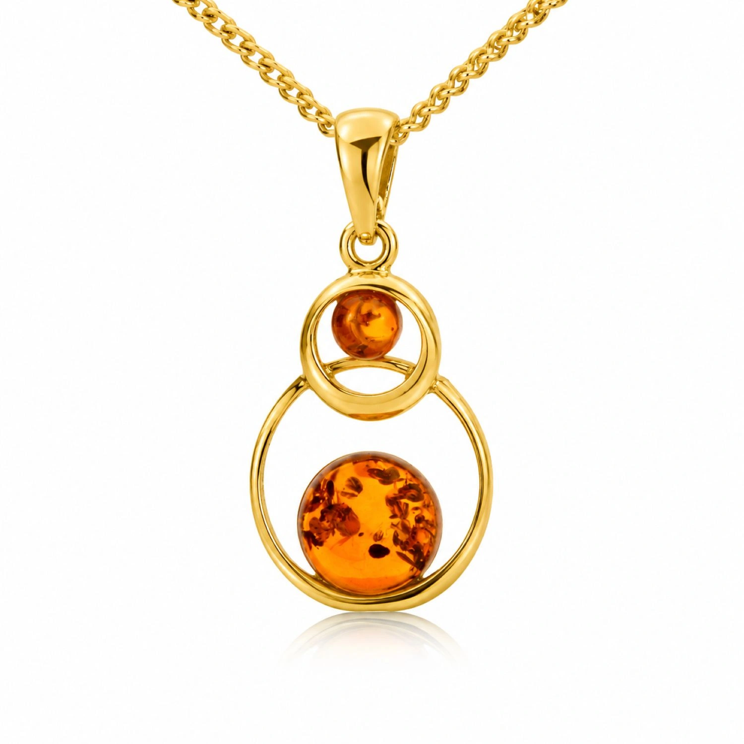 bernstein-anhaenger-gold-375-anhaenger-goldkreis-cognac Bernstein Anhänger Gold 375 „Goldkreis“ Cognac mit zwei Bernsteinen; Anhänger Gold 9 Karat mit zwei Kreisen; Schmuck mit echtem Ostseebernstein