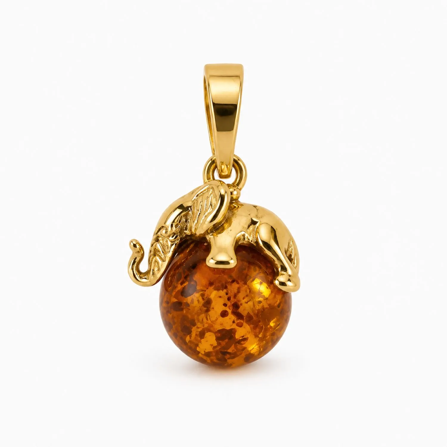 bernstein-anhaenger-gold-375-bernsteinelefant-cognac Bernstein Anhänger Gold 375 Bernsteinelefant Cognac mit Elefant auf runder Bernsteinkugel; Anhänger mit Elefant Motiv
