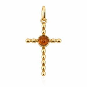 Bernstein Anhänger Gold 375 „Bernsteinlicht“ Cognac in Kreuzform; Schmuck mit echtem Ostseebernstein
