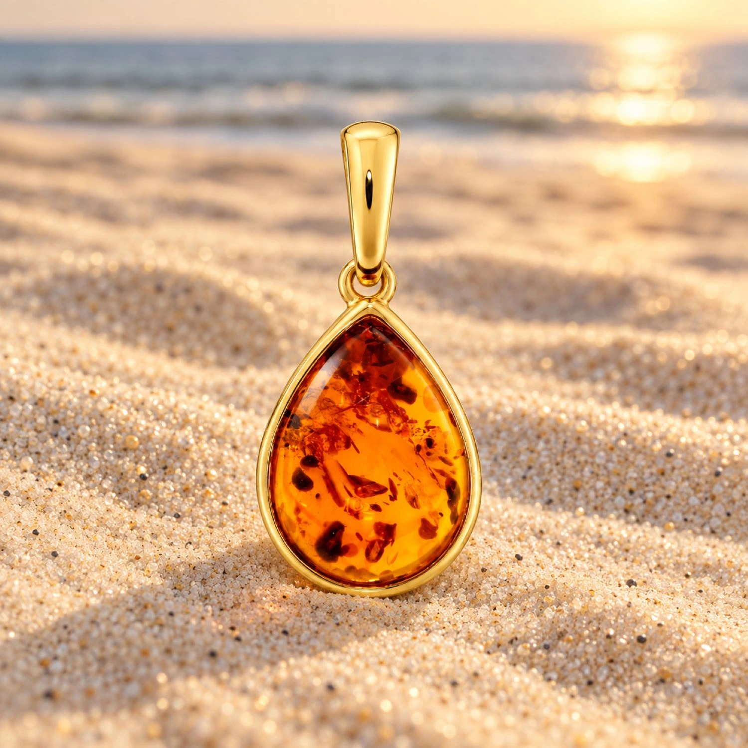 bernstein-anhaenger-gold-375-cognac-goldtropfen-sand Bernstein Anhänger Gold 375 „Goldtropfen“ Cognac in Tropfenform; Schmuck mit Ostseebernstein; eleganter Anhänger 9k Gold mit Naturbernstein