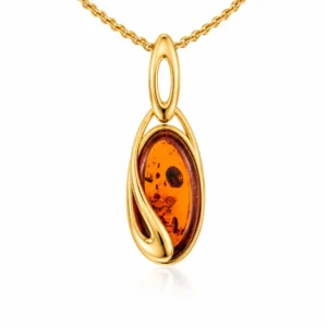 Bernstein Anhänger Gold 375 „Goldene Welle“ Cognac in Wellenform; Schmuck mit echtem Ostseebernstein lang und schlank