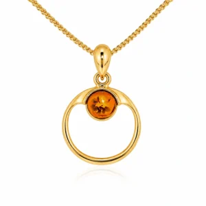 Bernstein Anhänger Gold 375 „Goldener Horizont“ Cognac in Kreisform; Goldanhänger mit rundem Bernstein; eleganter Schmuck mit echtem Ostseebernstein
