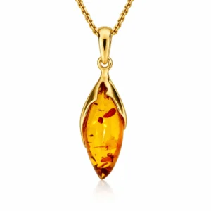 Bernstein Anhänger Gold 375 „Goldflamme“ Cognac mit spitzem Ostseebernstein; Anhänger Flamme aus Gold 9K mit Ostseebernstein; eleganter Schmuck mit echtem Ostseebernstein für Damen