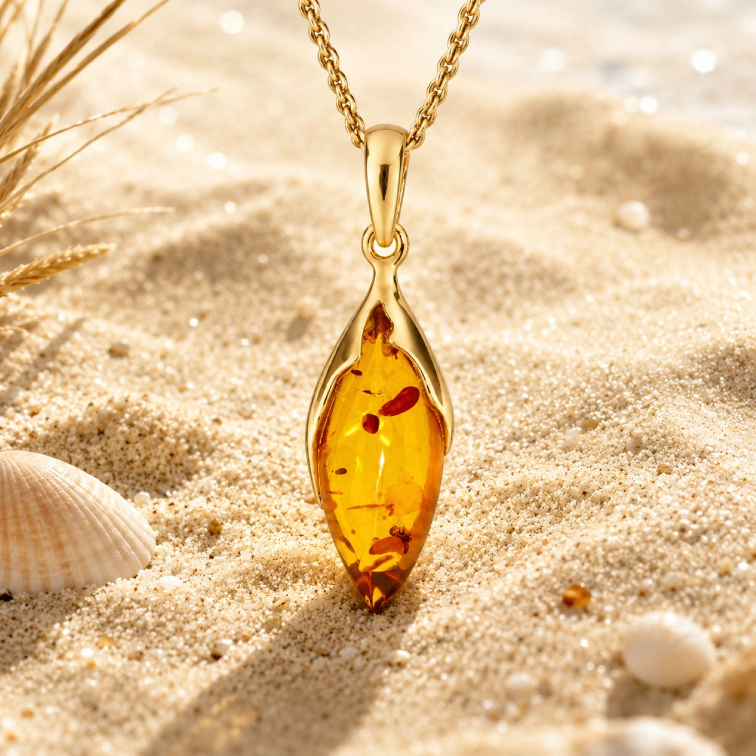 bernstein-anhaenger-gold-375-goldflamme-cognac-sand Bernstein Anhänger Gold 375 „Goldflamme“ Cognac mit spitzem Ostseebernstein; Anhänger Flamme aus Gold 9K mit Ostseebernstein; eleganter Schmuck mit echtem Ostseebernstein für Damen