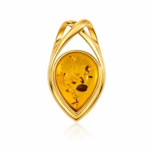 Bernstein Anhänger Gold 375 „Goldmagie“ Cognac für Damen mit goldener Doppelrahmung und natürlichem Bernstein; eleganter Schmuck mit echtem Ostseebernstein