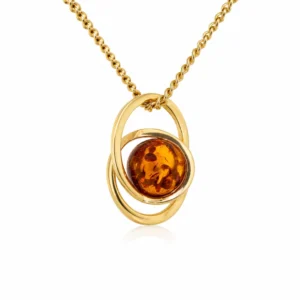 Eleganter Bernstein Anhänger Gold 375 „Goldorbit“ Cognac mit rundem Ostseebernstein und zwei Goldkreisen; Goldanhänger Kreisform mit Bernstein