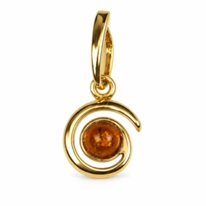 Bernstein Anhänger Gold 375 „Goldschnecke“ Cognac ist ein Schmuck mit rundem Ostseebernstein in Spiralform; eleganter Kettenanhänger Schnecke mit Bernstein