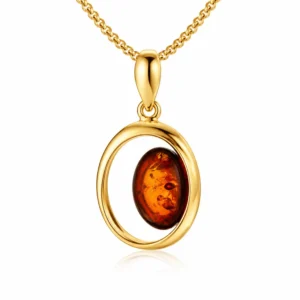 Bernstein Anhänger Gold 375 „Insel“ Cognac Oval Gold 9 Karat, Schmuck mit ovalem Ostseebernstein; Eleganter Bernsteinschmuck mit Insel Motiv