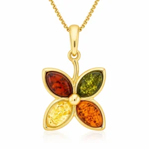 Bernstein Anhänger Gold 375 Küstenblüte Mix, Goldanhänger in Blumenform mit Ostsee Bernstein, Schmuck mit echtem Ostseebernstein für Damen