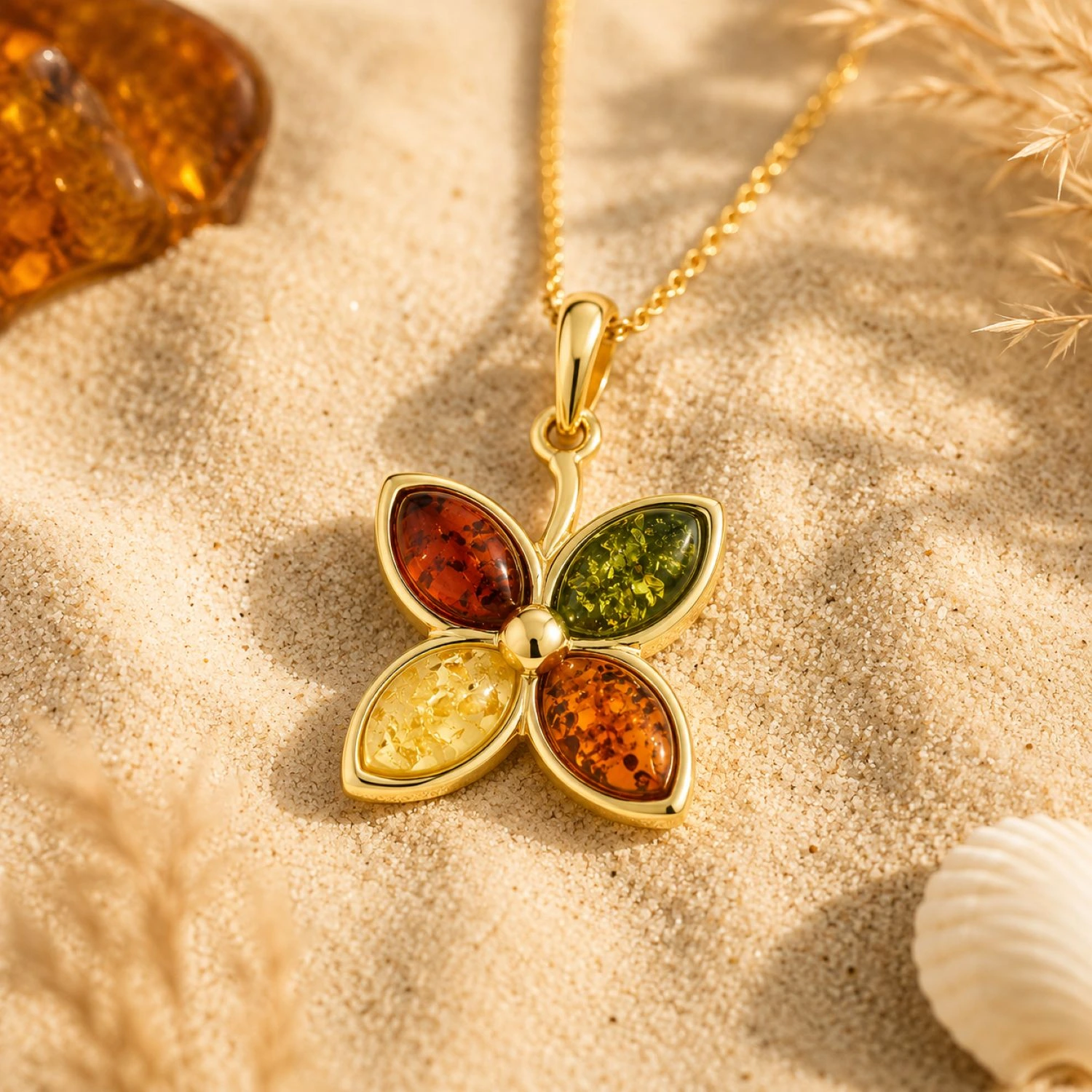 bernstein-anhaenger-gold-375-kuestenbluete-mix-sand Bernstein Anhänger Gold 375 Küstenblüte Mix, Goldanhänger in Blumenform mit Ostsee Bernstein, Schmuck mit echtem Ostseebernstein für Damen