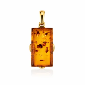 Bernstein Anhänger Gold 375 „Lichtblick“ Cognac mit rechteckigem Naturbernstein; Vollbernstein Anhänger Rechteckig; Eleganter Schmuck mit echtem Ostseebernstein