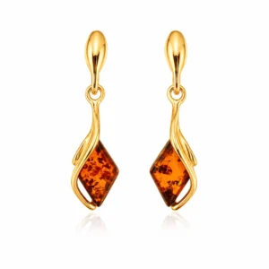 Bernstein Ohrhänger Gold 375 „Linien“ Cognac mit rautenförmigem Bernstein; elegante Gold Ohrringe mit rautenförmigem Bernstein; Lange Ohrhänger Raute Gold 9K Bernstein