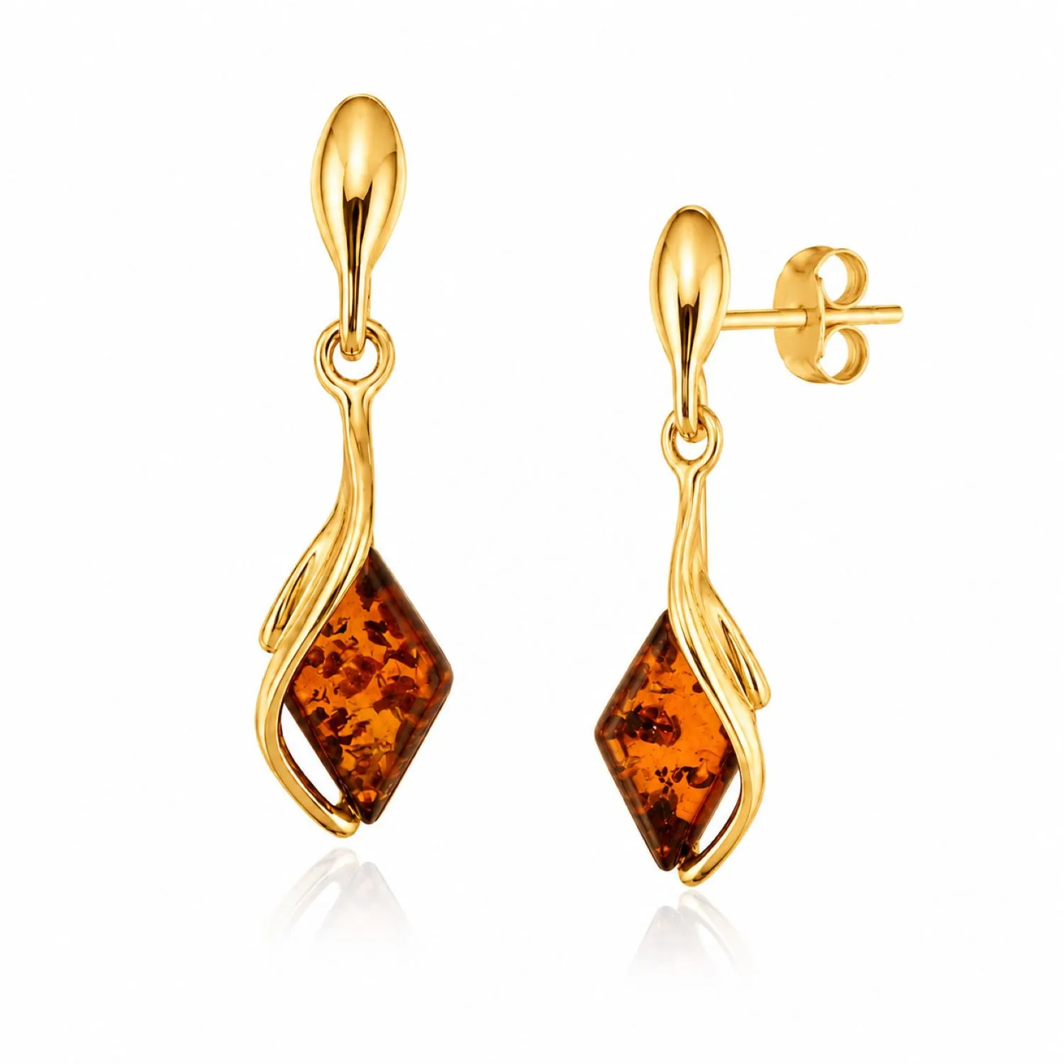 bernstein-ohrhaenger-gold-375-linien-cognac-seite Bernstein Ohrhänger Gold 375 „Linien“ Cognac mit rautenförmigem Bernstein; elegante Gold Ohrringe mit rautenförmigem Bernstein; Lange Ohrhänger Raute Gold 9K Bernstein