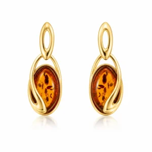 Bernstein Ohrhänger in Gold 375 „Goldene Welle“ Cognac mit Ostseebernstein; Ohrringe Bernstein in 375er Gold in Wellenform; Schmuck mit echtem Ostseebernstein für Damen