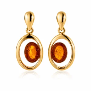 Bernstein Ohrhänger Gold 375 „Insel“ Cognac ist ein eleganter Schmuck mit ovalem Ostseebernstein; Bernsteinschmuck mit Insel Motiv für jeden Anlass; Bernstein Ohrringe Oval Gold 9 Karat für Damen