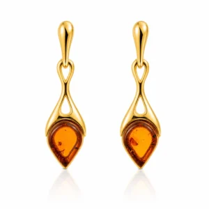 Bernstein Ohrhänger Gold 375 „Sonnenstrahl“ Cognac in Tropfenform; elegante lange Ohrringe mit Bernstein, die an Sonne erinnern; Schmuck mit echtem Ostseebernstein für Frauen