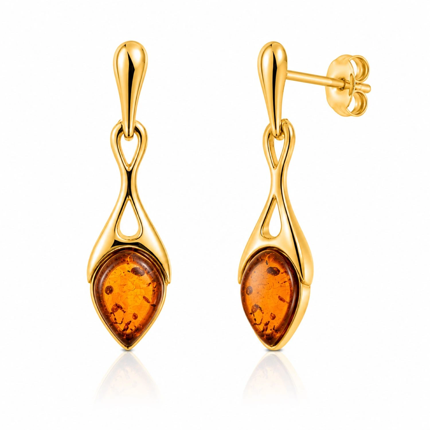 bernstein-ohrringe-gold-375-sonnenstrahl-cognac-seite Bernstein Ohrhänger Gold 375 „Sonnenstrahl“ Cognac in Tropfenform; elegante lange Ohrringe mit Bernstein, die an Sonne erinnern; Schmuck mit echtem Ostseebernstein für Frauen