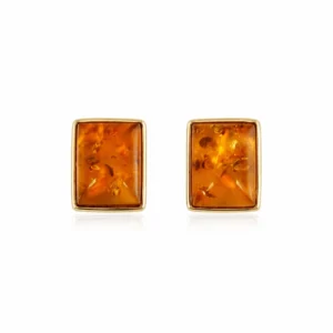 Bernstein Ohrstecker Gold 375 „Balance“ Cognac mit rechteckigem Cognac Bernstein und Goldfassung; Elegante Gold Ohrringe Rechteck; schöne Bernstein Ohrringe eckig; Schmuck mit Ostseebernstein
