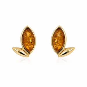 Bernstein Ohrstecker Gold 375 „Bernsteinblatt“ Cognac für jeden Anlass; Gold Ohrringe mit Zweiblatt Motiv; eleganter Schmuck mit echtem Ostseebernstein für Damen