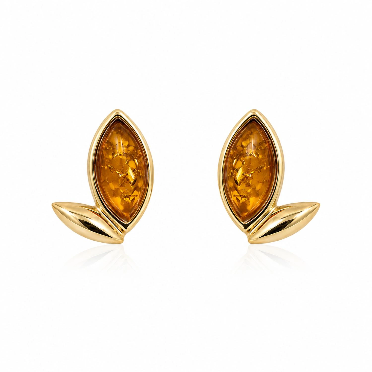 bernstein-ohrstecker-gold-375-bernsteinblatt-cognac Bernstein Ohrstecker Gold 375 „Bernsteinblatt“ Cognac für jeden Anlass; Gold Ohrringe mit Zweiblatt Motiv; eleganter Schmuck mit echtem Ostseebernstein für Damen