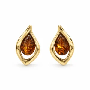 Bernstein Ohrstecker Gold 375 „Bernsteinflamme“ Cognac mit Flammenmotiv; schöner Schmuck mit Ostseebernstein; Gold Ohrringe mit echtem Bernstein für jeden Anlass