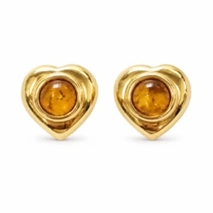 Bernstein Ohrstecker Gold 375 „Herzlicht“ Cognac mit Herzform; schöner Schmuck mit Ostseebernstein; elegante Bernstein Ohrringe in Herzform