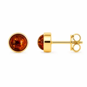 Bernstein Ohrstecker Gold 375 „Goldpunkt“ Cognac mit kleinem rundem Bernstein; Elegante Bernstein Ohrringe klein rund für Damen; Schöner Schmuck mit Ostseebernstein