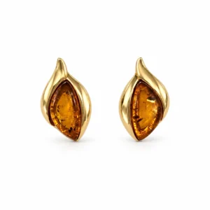 Bernstein Ohrstecker Gold 375 „Goldblatt“ Cognac in Blattform; Schmuck mit echtem Ostseebernstein; schöne Ohrringe 9 Karat Blattmotiv