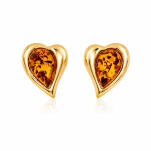 Bernstein Ohrstecker Gold 375 „Goldherz“ Cognac - eleganter Schmuck mit herzförmigem Ostseebernstein; Herz Ohrstecker aus 9 Karat Gold; Gold Ohrringe in Herzform