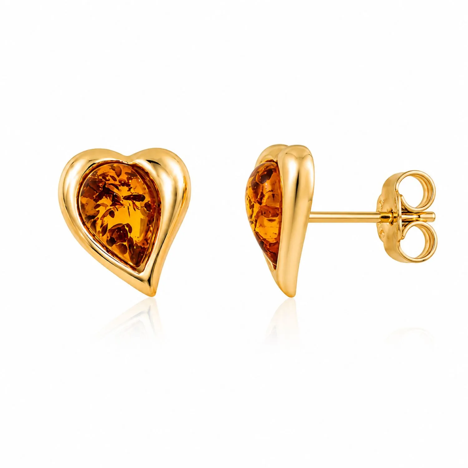 bernstein-ohrstecker-gold-375-goldherz-cognac-seite Bernstein Ohrstecker Gold 375 „Goldherz“ Cognac - eleganter Schmuck mit herzförmigem Ostseebernstein; Herz Ohrstecker aus 9 Karat Gold; Gold Ohrringe in Herzform