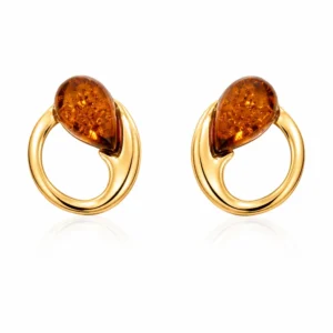 Bernstein Ohrstecker Gold 375 „Goldschleife“ Cognac mit rundem Goldbogen und tropfenförmigem Bernstein; Ohrstecker Kreis mit Bernstein in Tropfenform für jeden Anlass; eleganter Schmuck mit echtem Ostseebernstein