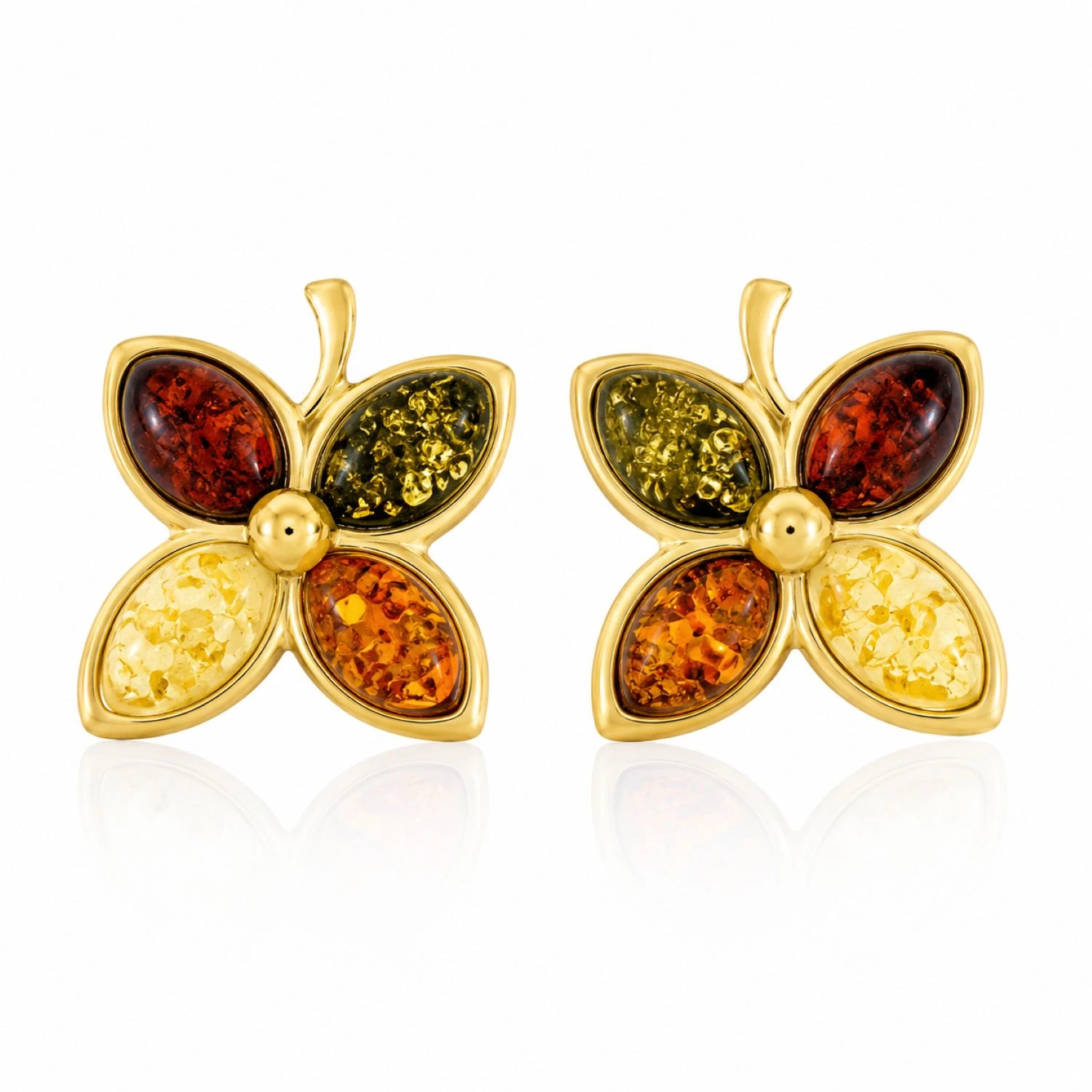 bernstein-ohrstecker-gold-375-kuestenbluete-mix Bernstein Ohrstecker Gold 375 „Küstenblüte“ Mix mit vier Bernsteinfarben; Elegante Ohrstecker Blume mit Bernstein in Blütenform für Damen; Schmuck mit echtem Ostseebernstein für jeden Anlass