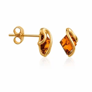 Bernstein Ohrstecker Gold 375 „Linien“ Cognac für Damen; Gold Ohrringe mit rautenförmigem Bernstein für jeden Anlass; Schöne Ohrstecker Raute Gold 9K mit Bernstein
