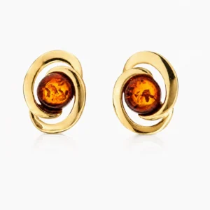 Bernstein Ohrstecker Gold 375 „Meereswirbel“ Cognac mit geschwungenem Gold und Cognac Bernstein; Ohrringe Wirbel mit Naturbernstein; Eleganter Schmuck mit Ostseebernstein