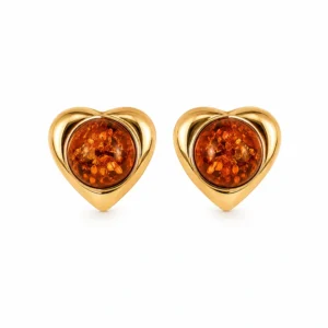 Bernstein Ohrstecker Gold 375 „Wärme“ Cognac mit Herzform; Schmuck mit natürlichem Ostseebernstein; schöne Herzohrstecker mit Bernstein für Damen; Geschenk zum Valentinstag