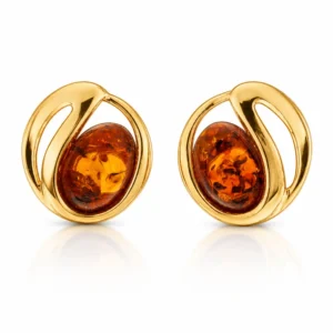 Bernstein Ohrstecker Gold 375 „Wellenwärme“ Cognac; Gold Ohrringe mit Wellenmotiv für jeden Anlass; eleganter Schmuck mit natürlichem Ostseebernstein