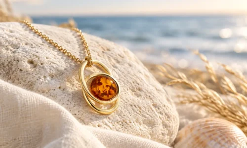Bernstein pflegen: Bernsteinschmuck mit natürlichem Cognac-Bernstein auf hellem Naturstein