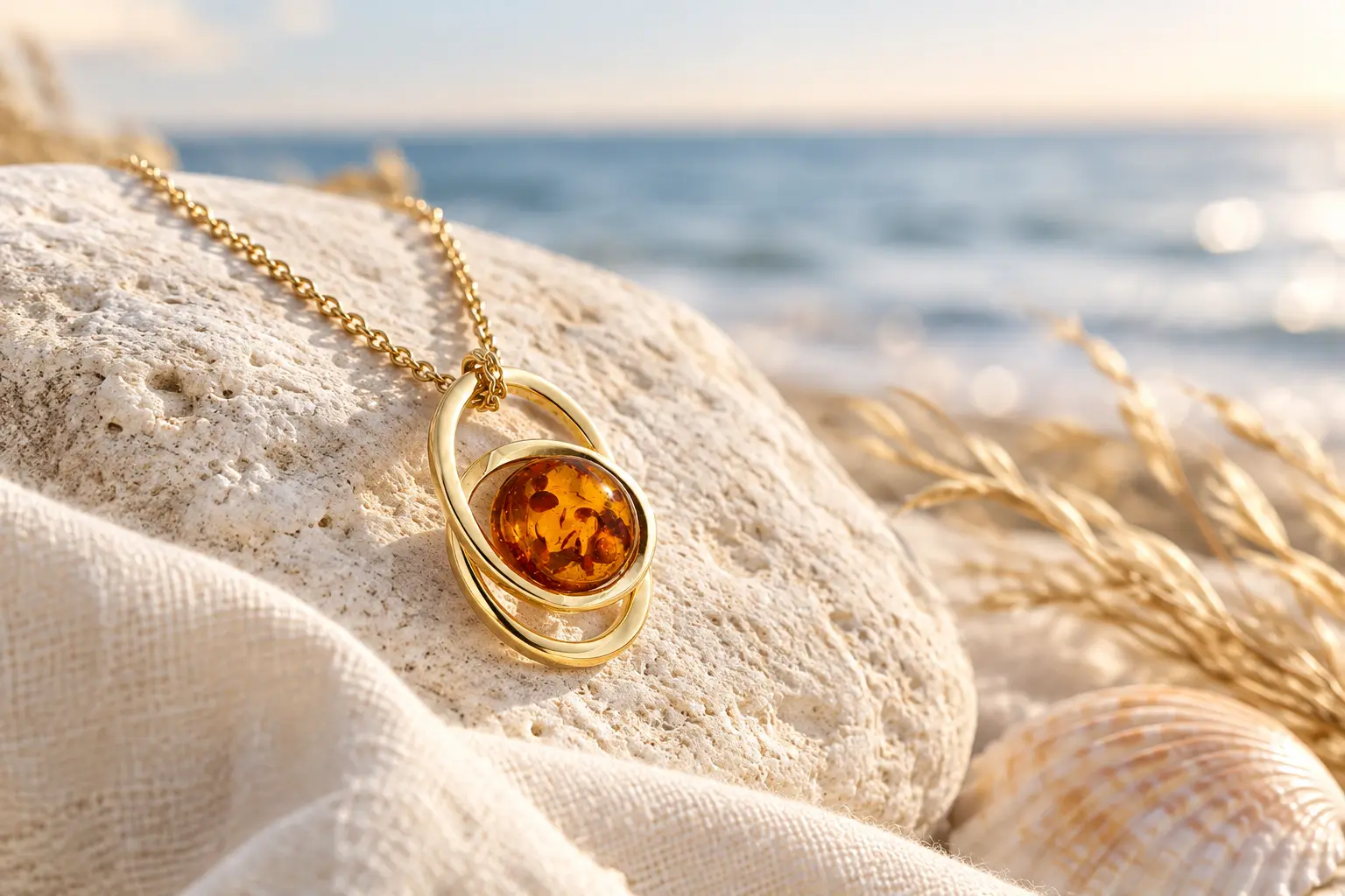 Bernstein pflegen: Bernsteinschmuck mit natürlichem Cognac-Bernstein auf hellem Naturstein