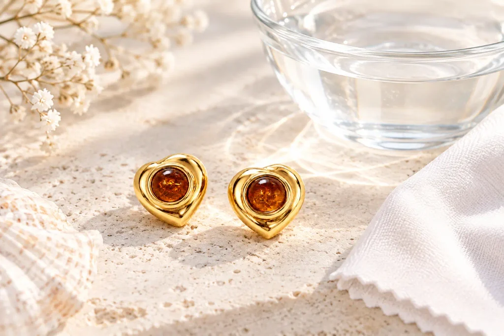 Bernsteinschmuck mit weichem Tuch und lauwarmem Wasser reinigen