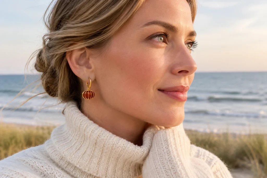 Herbstschmuck: Goldene Ohrringe mit Creme und Weiß